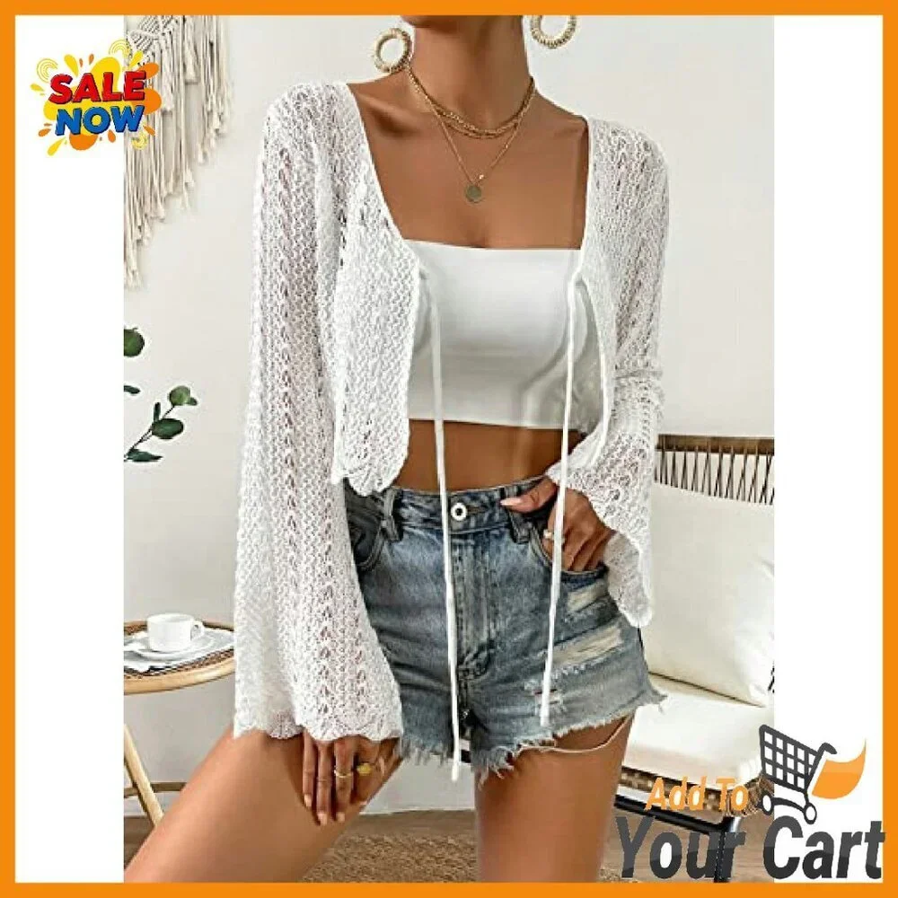 Crop Cardigan with Tie Front Trumpet Sleeves Pointelle Knit Lightweight